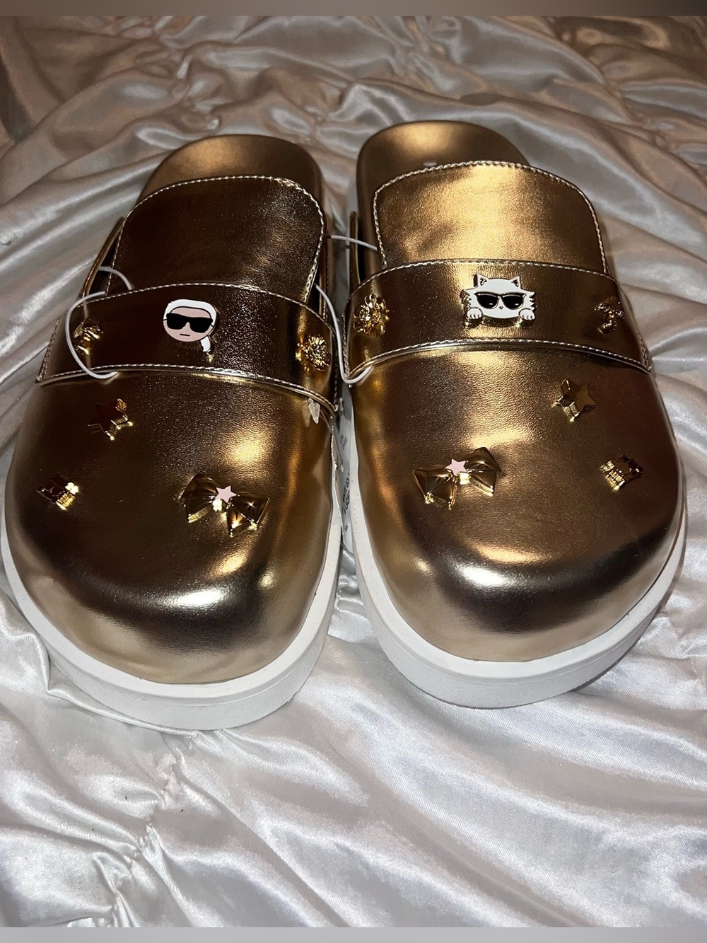 metallic gold Karl Lagerfeld Paris Islay Macaron Flat Mules
